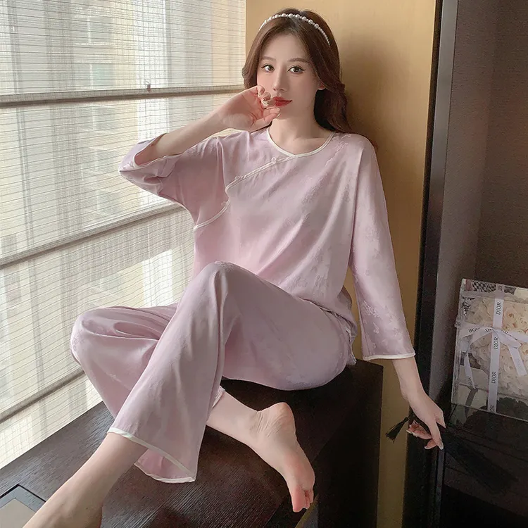新中式国风冰丝睡衣女春夏季复古薄款提花圆领高级感家居服可外穿
