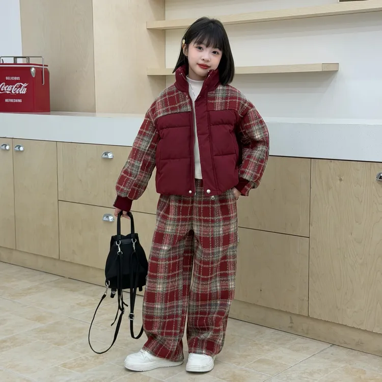 冬季新款韩系设计感格纹拼接女童立领加厚棉服休闲阔腿裤洋气套装