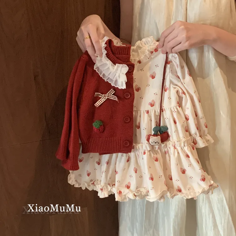 小沐沐女童甜美连衣裙秋装2025新款小童女宝宝裙子两件套周岁礼服