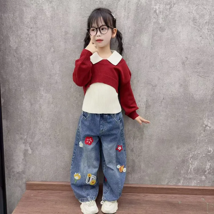 女童刺绣弯刀牛仔裤套装春秋季2025新款中大童韩版洋气百搭阔腿裤