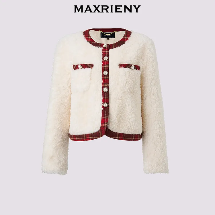 【商场同款-节庆穿搭新年红】MAXRIENY羊羔绒肌理小香外套女24冬