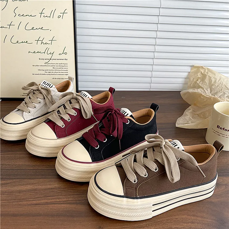 易少年两幅鞋带厚底帆布鞋女秋季新款2025圆头小众美拉德板鞋百搭