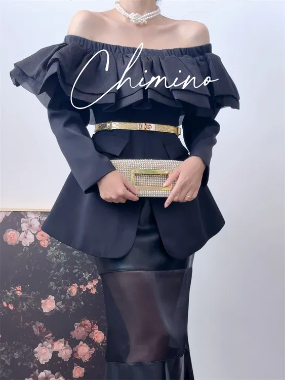 又货 秋冬新款时尚一字肩荷叶花边收腰显瘦西服上衣（不送腰带）
