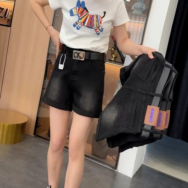 黑色卷边牛仔短裤女夏季薄款宽松高腰显瘦百搭a字遮胯阔腿热裤潮