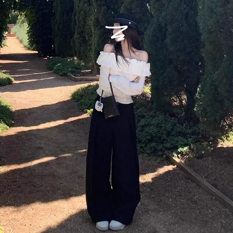 夏季新款韩系小个子减龄穿搭白色一字肩上衣阔腿裤高级感两件套装