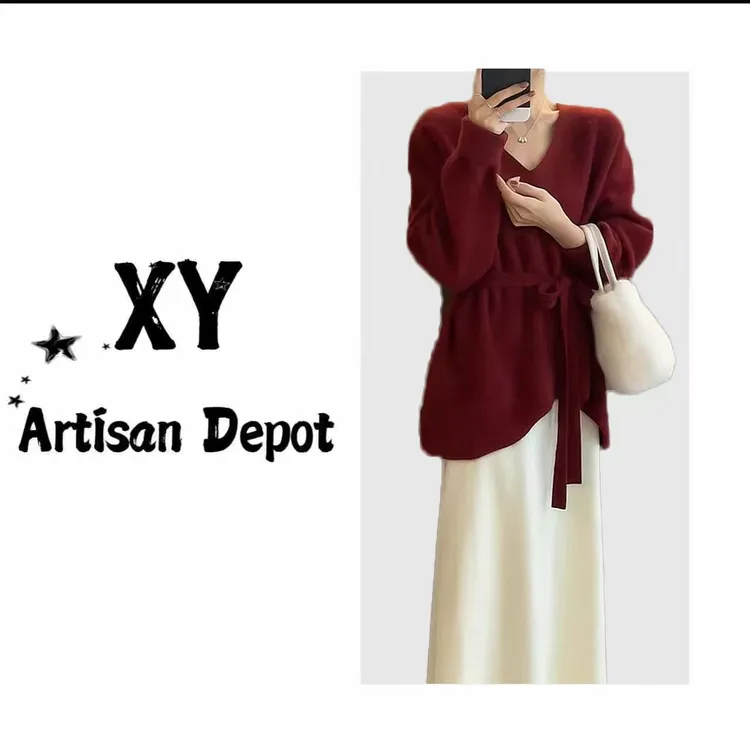 2025韩版气质慵懒不规则系带v领腰带毛衣针织衫秋冬上衣显瘦穿搭