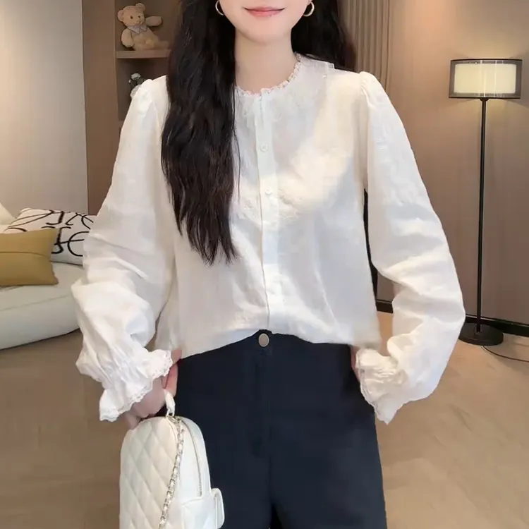 法式温柔风蕾丝花边长袖衬衫女2025春秋新款衬衣时尚宽松显瘦上衣