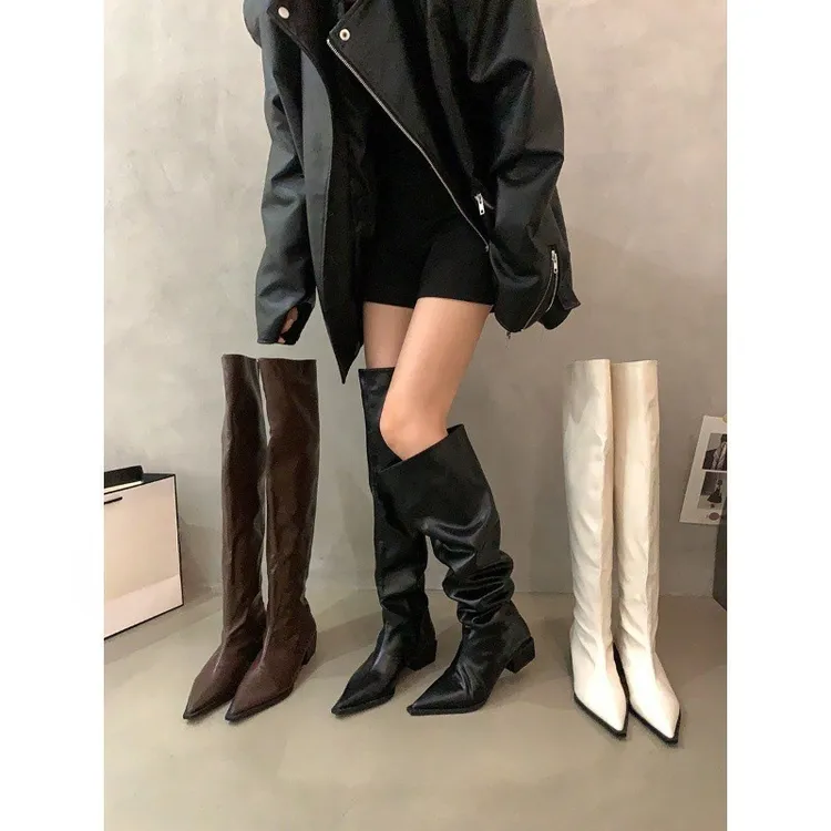 粗跟黑色过膝堆堆长筒长靴女鞋百搭新款秋冬季尖头瘦瘦美拉德风