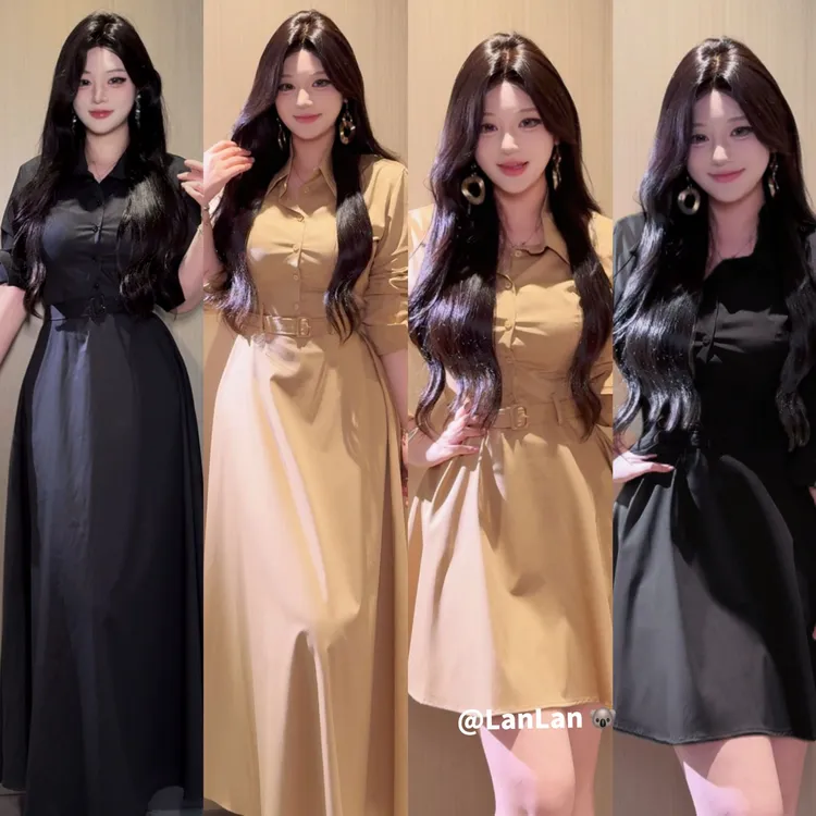 Lanlan-【云上简境】高级感气质翻领连衣裙显瘦收腰A摆裙子修身