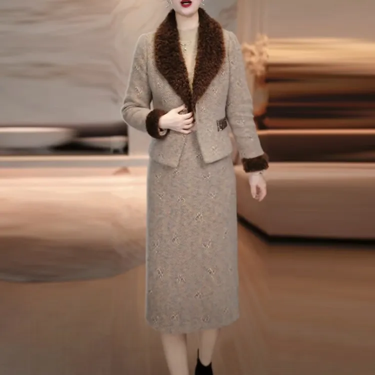 雪花绒夹棉加厚保暖套装裙2025冬季新款高级感毛领两件套连衣裙子