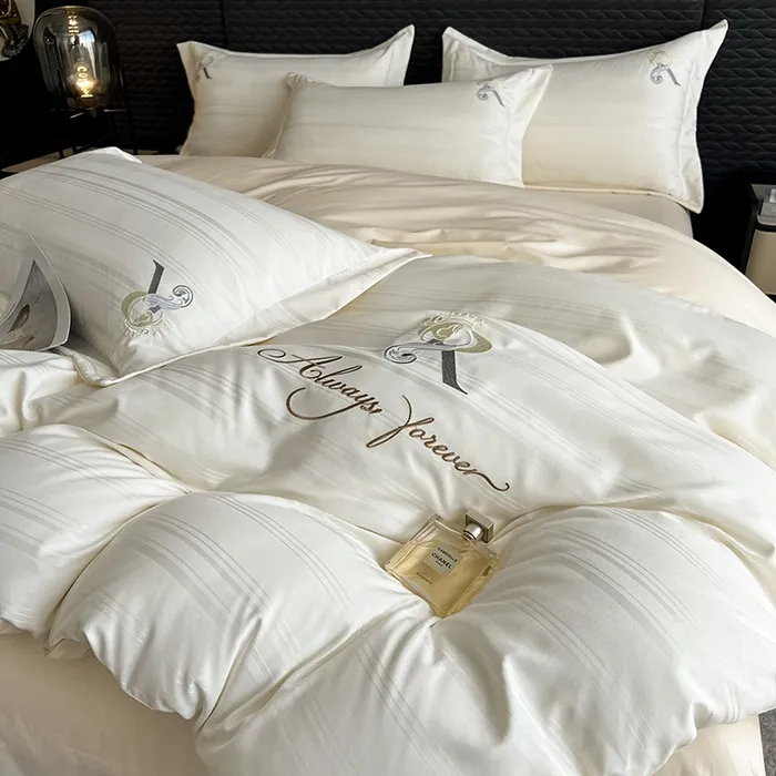 罗莱雅致家纺纯棉刺绣贡缎提花四件套全棉床笠刺绣花加厚磨毛喷气