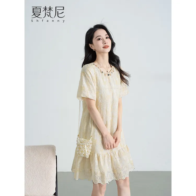 夏梵尼甜茶柑橘夏天刺绣连衣裙出游小个子裙子遮肉洋气爆款衣服