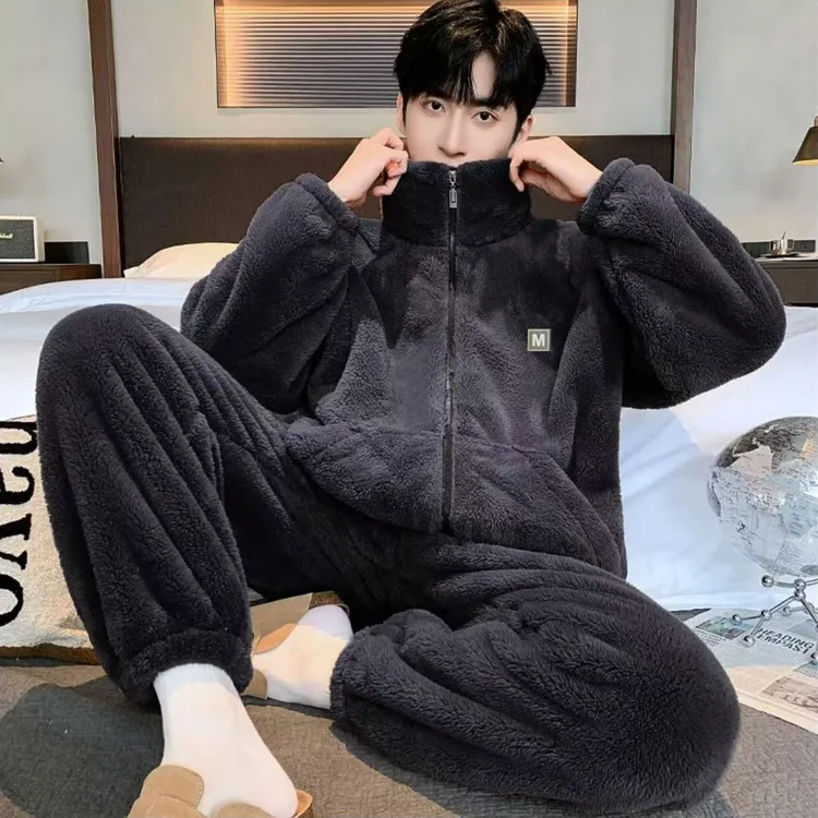 X1107可外穿秋冬新款雪花绒男士加绒加厚宽松大码家居服套装