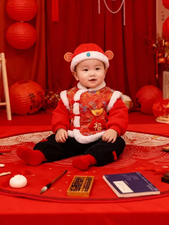 一薇YIWEI周岁礼服2026加绒加厚满月百天过年服套装红色连体爬服