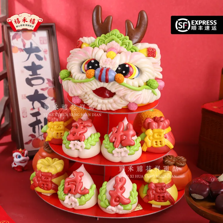 花饽饽抓周岁满月百天馍馍龙蛇宝宝宴三层奇趣塔醒狮道具生日布置