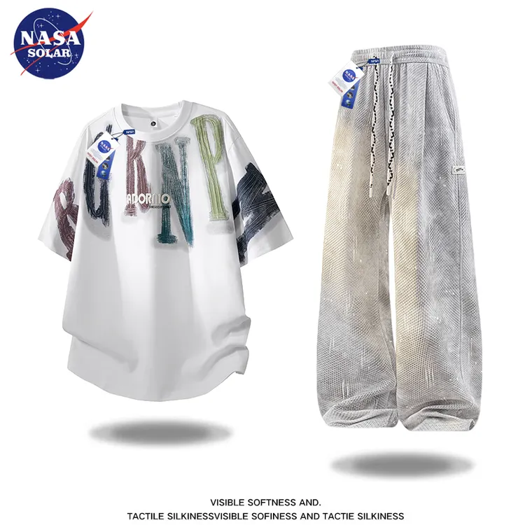 NASA SOLAR男士运动短袖套装夏季新款休闲大码半袖T恤长裤两件套