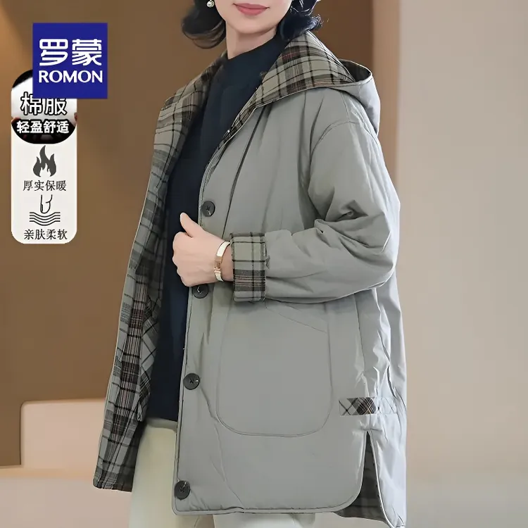 罗蒙40-50岁妈妈冬装两面穿棉服女秋冬季防风女装中长款宽松保暖