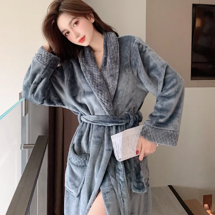 奢华风新款法兰绒睡衣女春秋舒适性感睡袍浴袍珊瑚绒休闲家居服