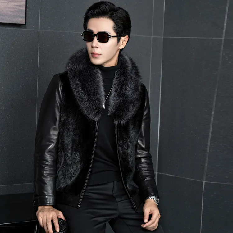 海宁皮草男款皮夹克外套水貂毛加厚冬季保暖短款山羊皮貂皮大衣