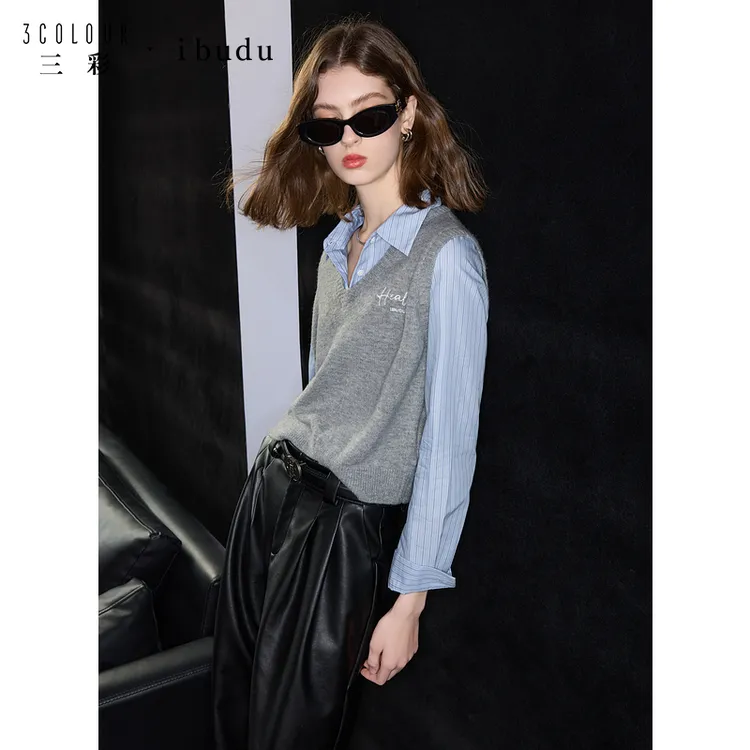 【爆款假两件】三彩ibudu2025秋季新款学院风针织衫字母洋气衣服女