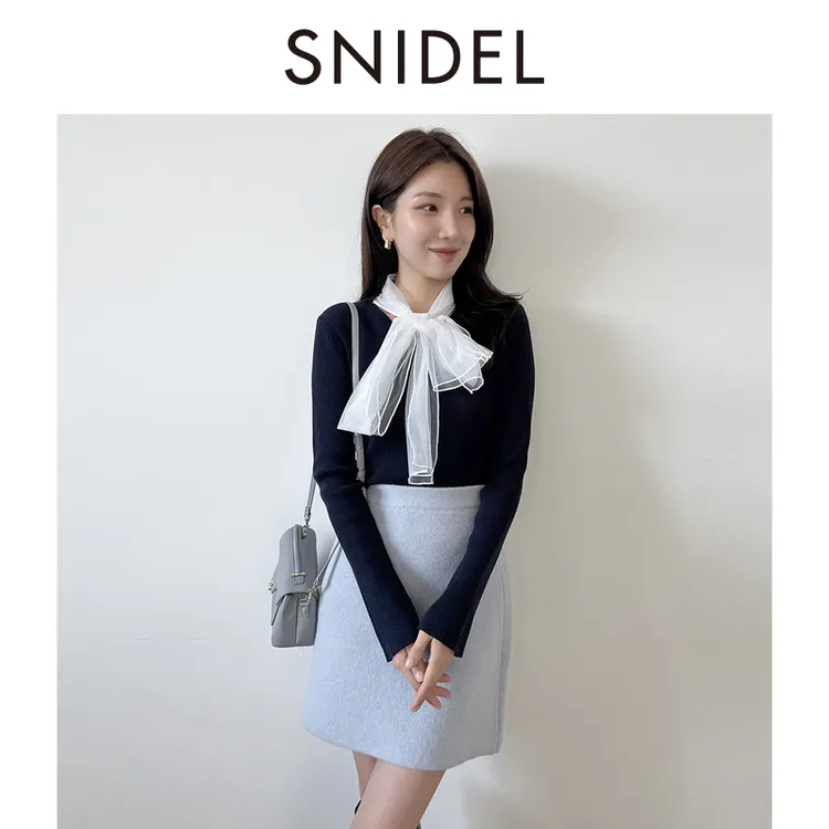 SNIDEL2025秋冬新品甜美雪纺蝴蝶结系带长袖针织衫上衣SWNT254225