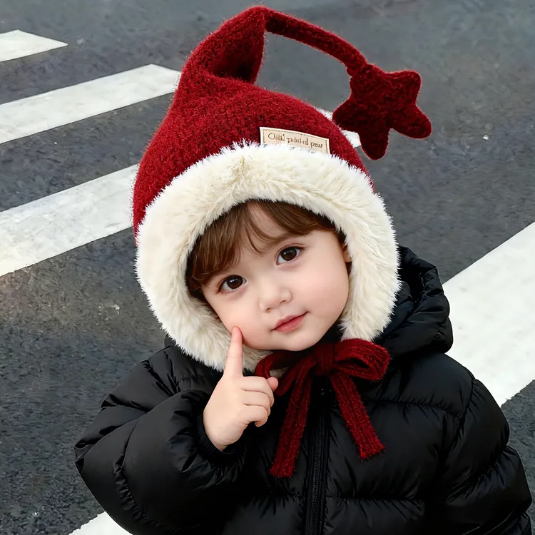 儿童新年帽子秋冬季圣诞帽宝宝毛线帽可爱保暖男女宝宝冬季护耳帽