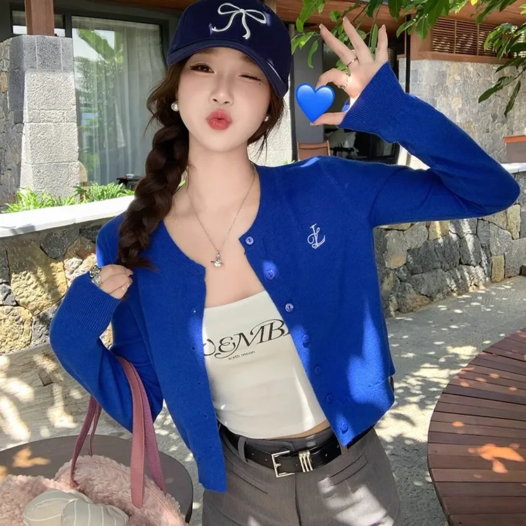 克莱因蓝针织开衫外套女2025新款秋季针织衫短款毛衣独特漂亮小衫