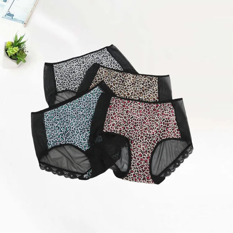 【3条装】女士三角内裤02640夏季轻薄款蕾丝花边高腰豹纹款