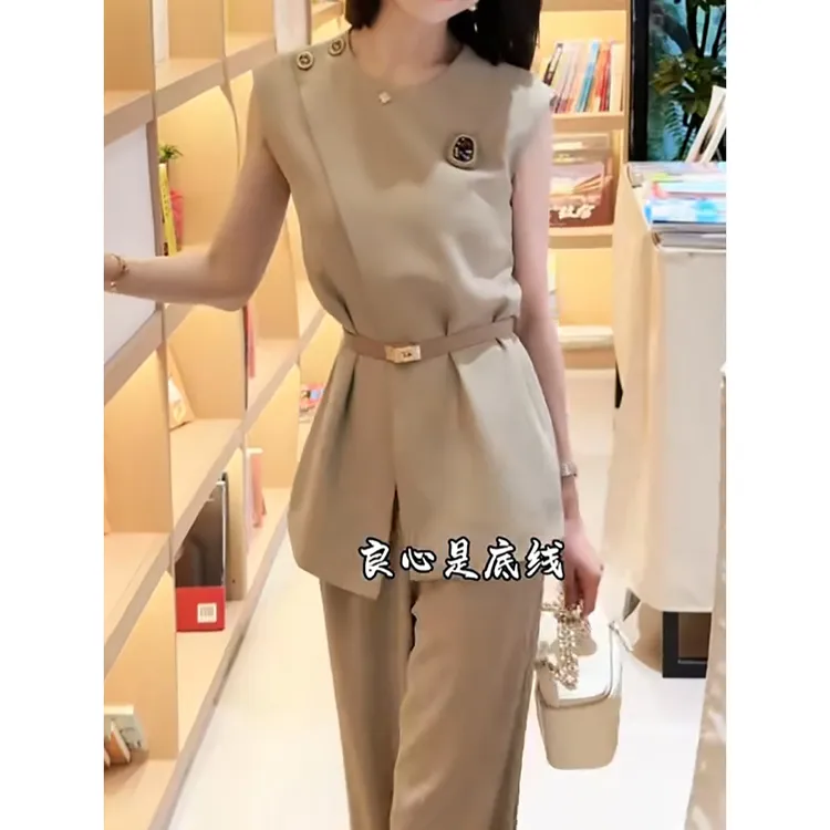 无袖西装阔腿裤套装2025夏季新款御姐不对称设计感上衣+高腰长裤