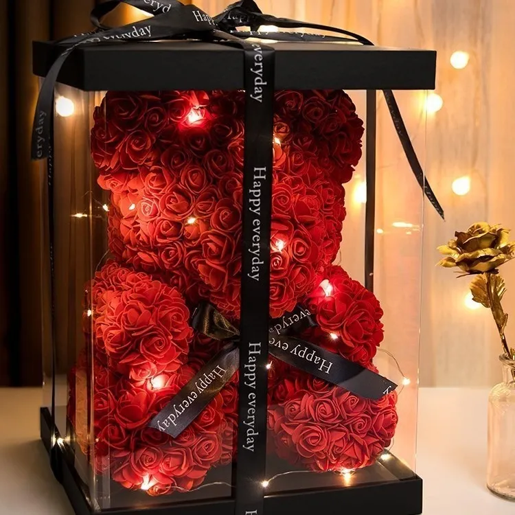 爆款抱心玫瑰熊香皂花pe仿真花七夕情人节礼物创意抱抱玫瑰熊