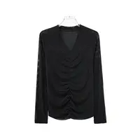 高级感ｖ领烫钻网纱褶皱减龄T恤衫X26223