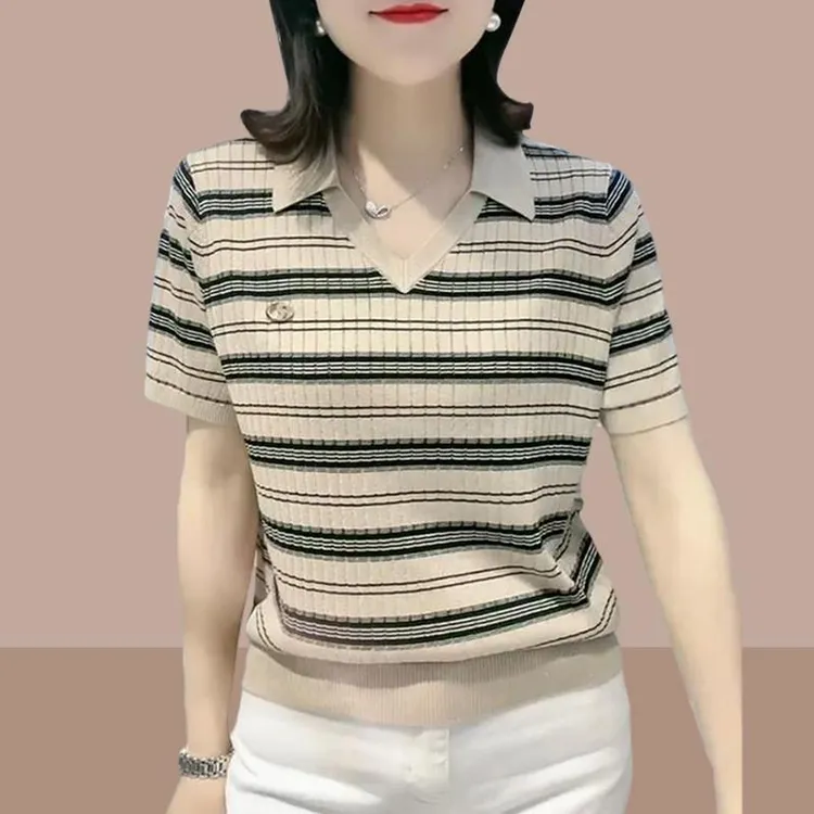 短袖t恤女新款爆款夏季休闲百搭上衣妈妈减龄洋气条纹polo衫