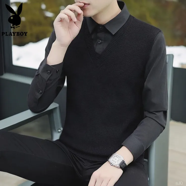 花花公子上衣加绒黑色保暖冬季打底针织衫男假两件男款毛衣男士
