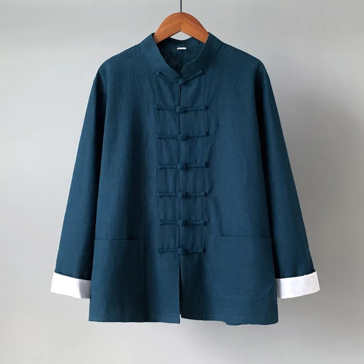 秋季中国风苎麻唐装外套男大码宽松立领盘扣中山装夹克宽松居士服