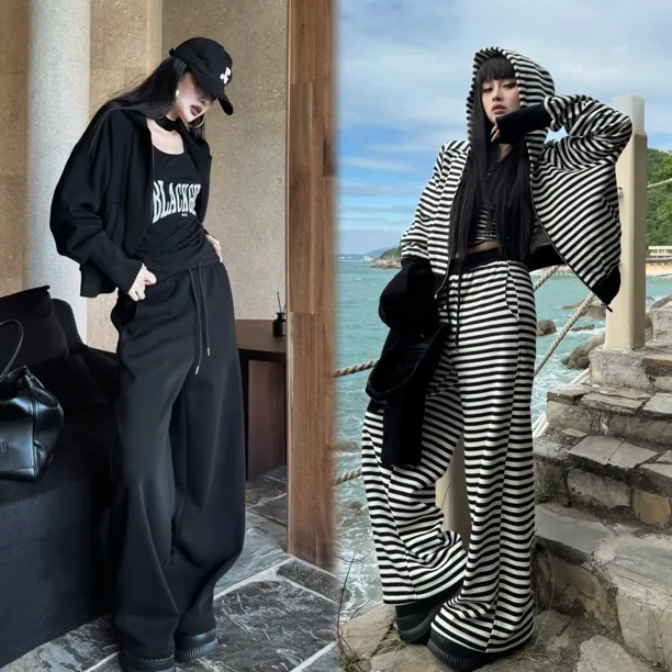 Blackgirl新款【穿搭日记】韩系慵懒条纹连帽外套显瘦阔腿休闲套装