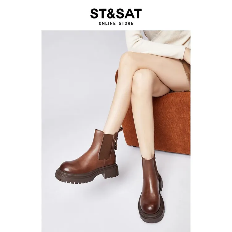 星期六/ST&SAT真皮切尔西靴女加绒厚底短靴棕色复古马丁靴瘦瘦靴