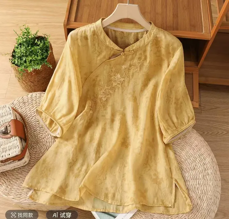 2025夏装新款新中式国风花衬衫女复古斜襟盘扣茶服上衣