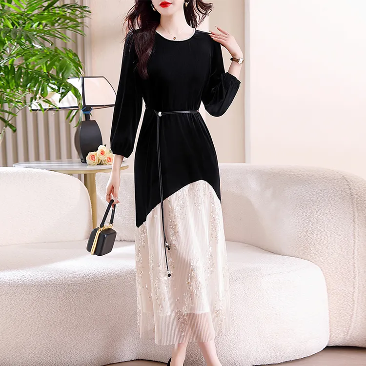连衣裙夏款2025新款爆款温婉大方衣服网纱进口丝绒送腰带收腰