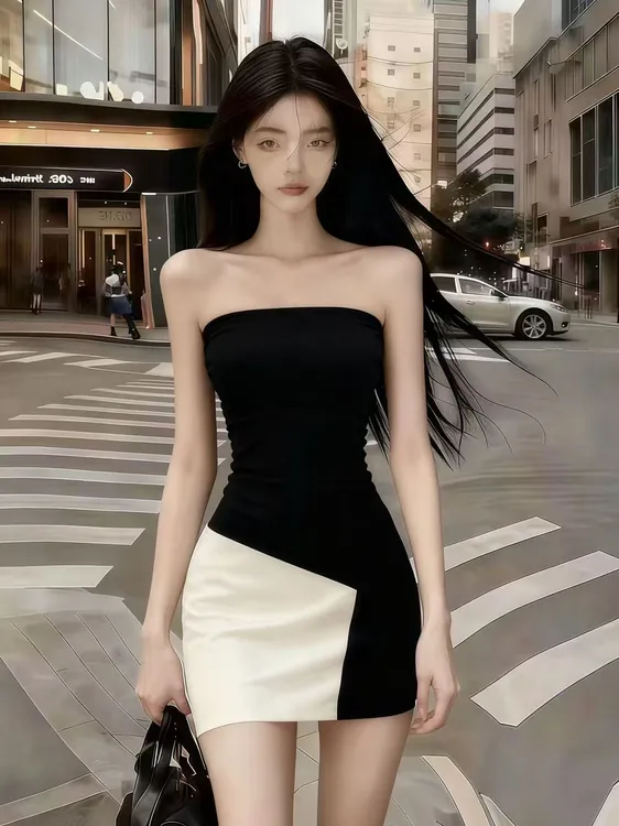 韩系时尚高级感纯欲辣妹风撞色无袖一字肩露肩修身收腰包臀连衣裙