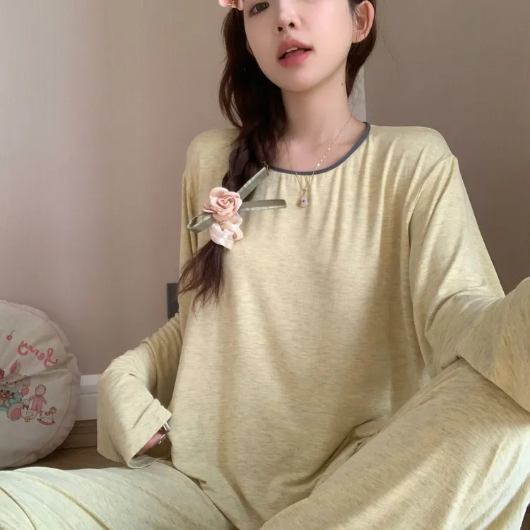 宽松纯棉长袖春秋睡衣女款2025新款纯色圆领可外穿家居服春秋套装