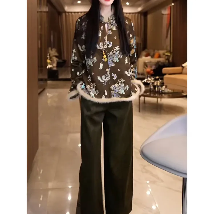 新中式国风裤套装女2025秋季新款轻奢时尚复古印花夹棉上衣+裤子