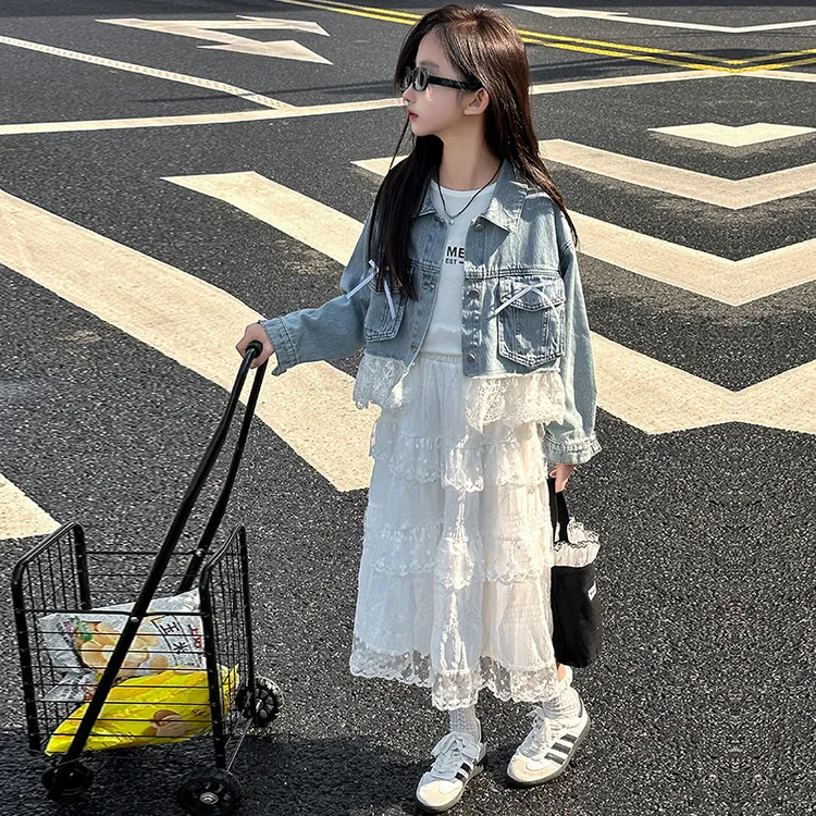 女童花边牛仔外套春秋两件套2025新款中大童洋气蕾丝半身长裙套装