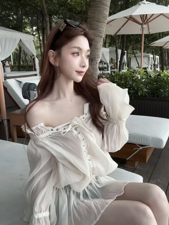 「温柔至白」早秋一字领绑带仙气飘飘设计感上衣