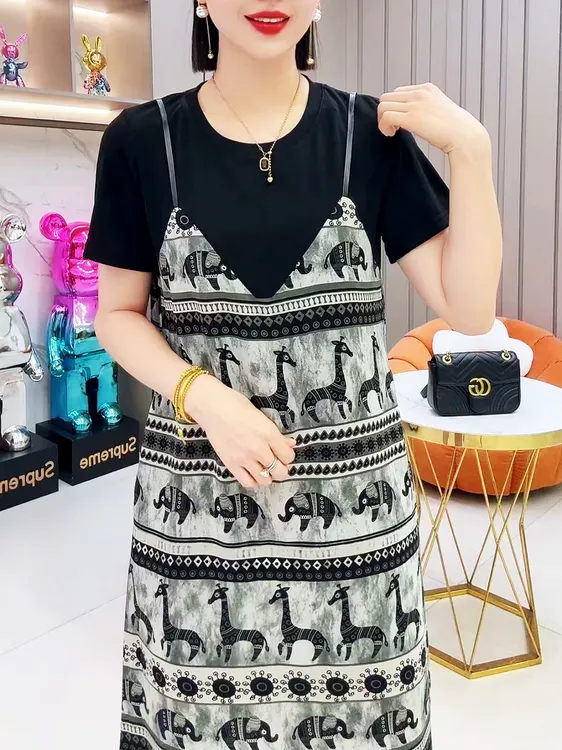 大码连衣裙印花套头夏季宽松圆领时尚韩版假两件动物连衣裙