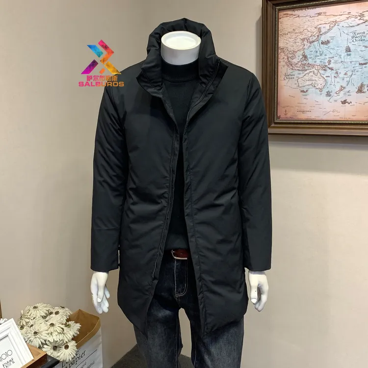 萨尔布勒斯冬季简约立领羽绒服商务休闲中长款保暖白鸭绒风衣外套