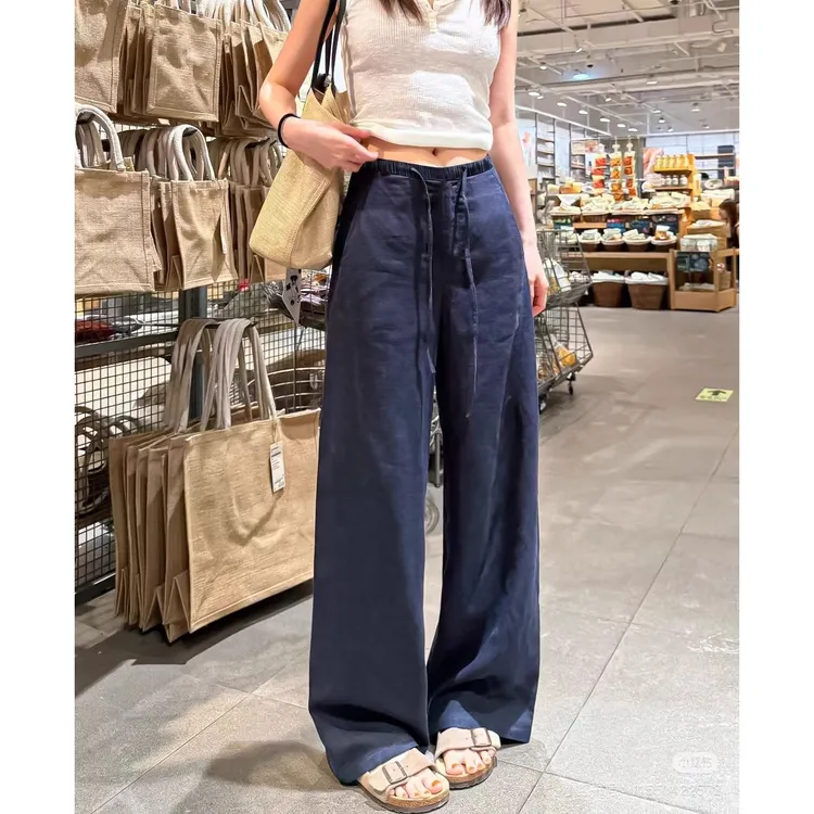 藏青色亚麻阔腿裤女夏季2025新款休闲宽松垂感轻薄冰丝直筒棉麻裤