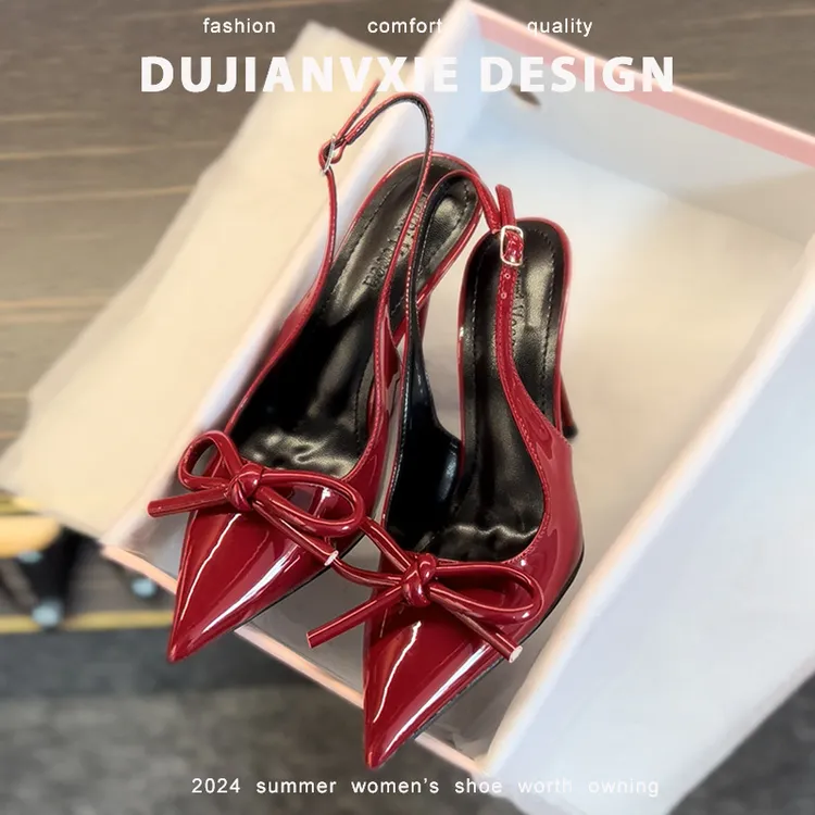2025新款红色漆皮细跟高跟鞋尖头时尚百搭气质法式蝴蝶结后空凉鞋