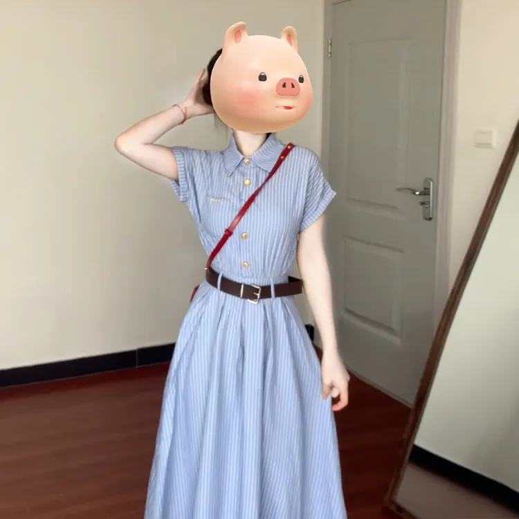 polo领蓝色条纹衬衫连衣裙子女爆款2025新款气质显瘦法式长裙2490