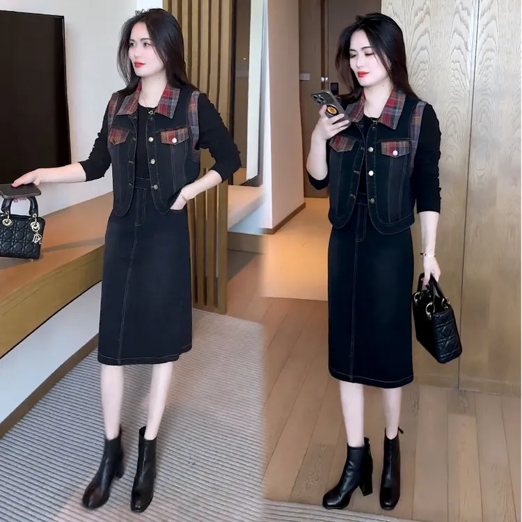 时尚牛仔套装裙女2025秋季新款时髦洋气假两件连衣裙马甲两件套裙