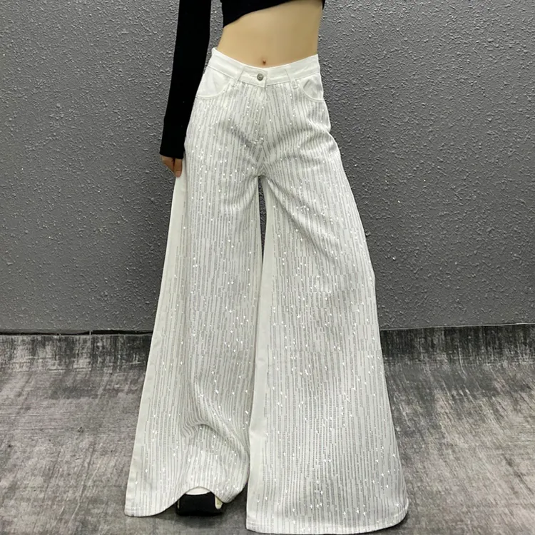 炫酷烫钻白色宽松阔腿拖地裤女2025春新款高腰显瘦百搭休闲牛仔裤